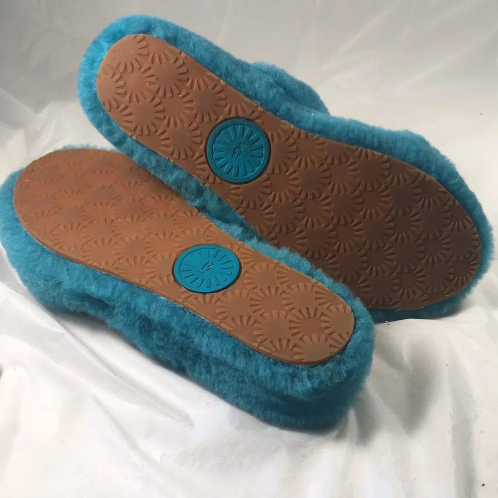 UGG Women’s Oh Yeah Teal Blue Fuzzy Platform Strappy  Logo  Shoe Slippers